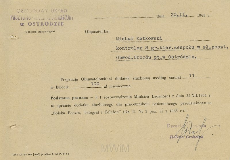 KKE 5571.jpg - Dok. Pismo z Obwodowego Urzędu Pocztowo-Telekomunijkacyjnego w Ostródzie do Michała Katkowskiego dotyczące dodatku służbowego, Ostróda, 28 II 1965 r.